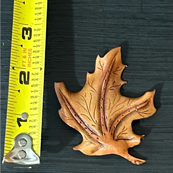 Hand Tooled Leather Maple Leaf Brooch, Signed, 2.25x2.75 Inches - Picture 4 of 4